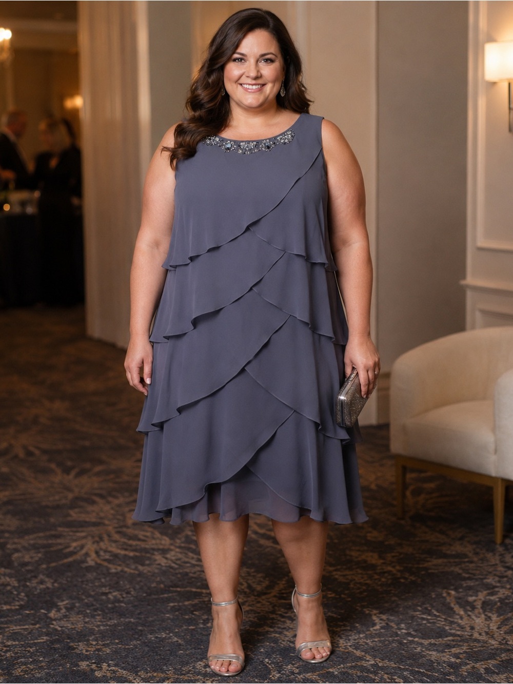 SLNY Slate Blue Layered Sleeveless Dress with Beaded Neckline